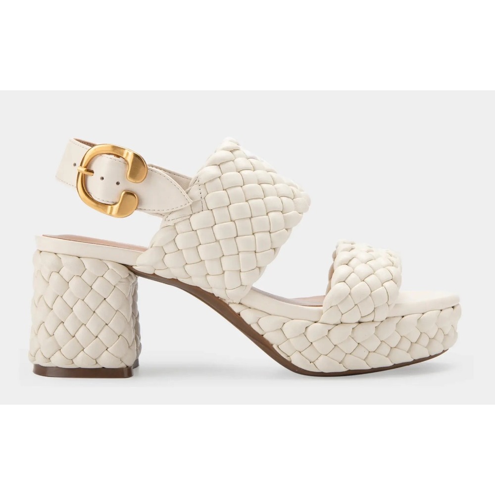 Aerosoles Camera Knit Platform Sandals Cream Woven Block Heel Faux Leather 9.5